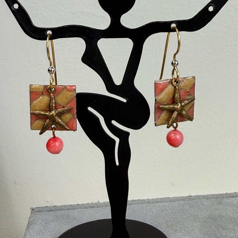 Layered Starfish Pink & Gold Tone Enamel Dangle & Drop Earrings